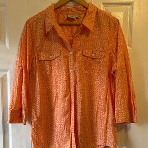 3/4 length sleeve orange and white button down shirt
